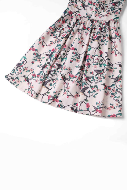 May Crossover Bust Circle Dress In White Bird Print