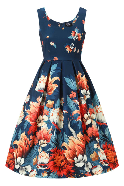 Amanda Dark Blue Flower Garden Swing Dress