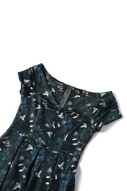 Lily Dark Green Off Shoulder Dress In Magpie Print