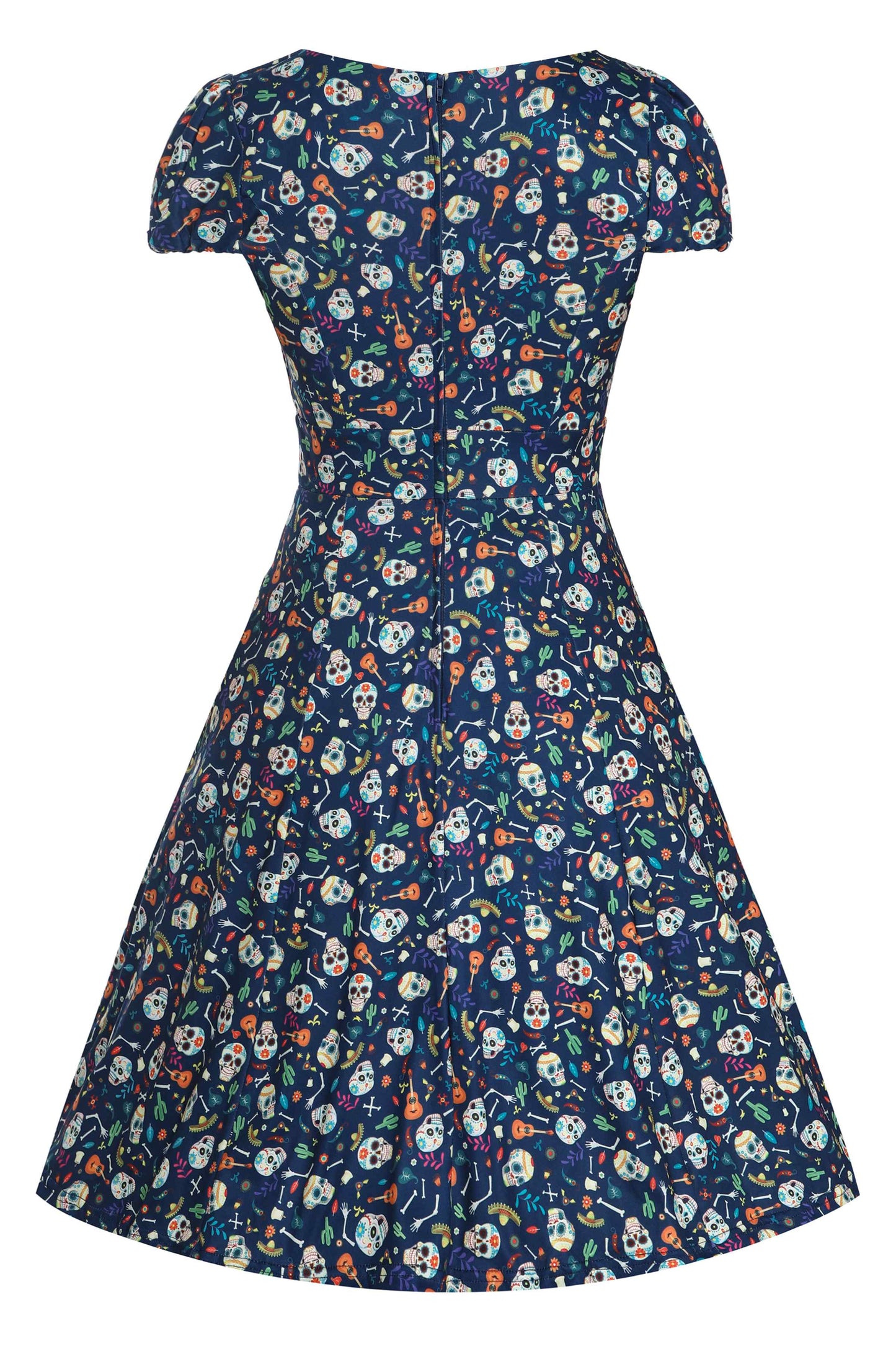 Claudia Navy Blue Dress with Day of the Dead Sugar Skulls