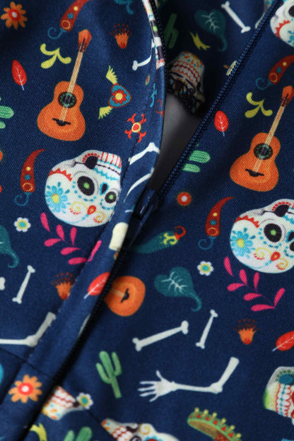 Claudia Navy Blue Dress with Day of the Dead Sugar Skulls