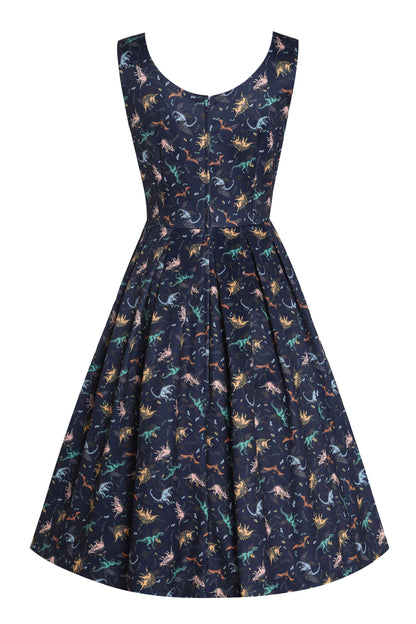 Amanda Multi-coloured Dinosaurs in Navy Blue Flared Dress
