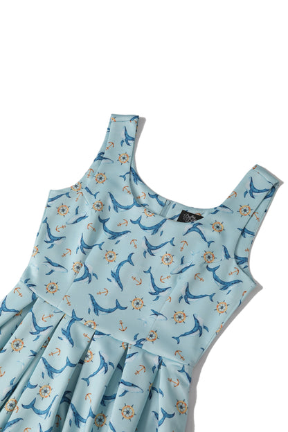 Amanda Blue Whale Swing Dress In Aqua Blue