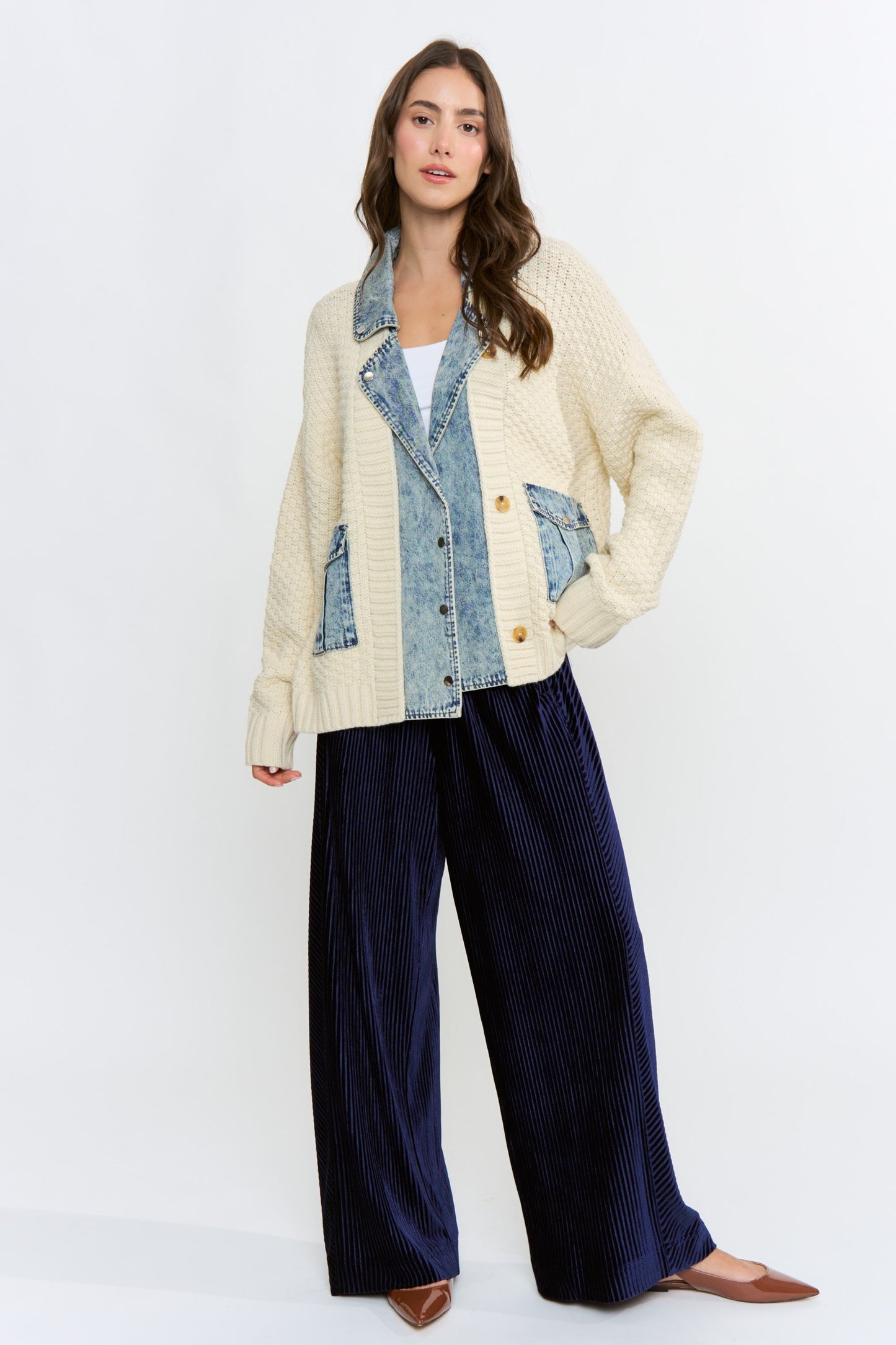 Waitlist 8/25 • Clarissa Long Sleeve Cable Knit Denim Trim One Size Shacket Ivory