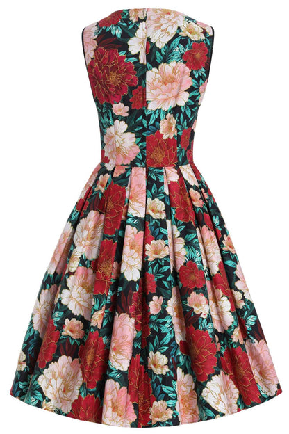 Elizabeth Vintage Style Floral Party Dress in Black/Pink