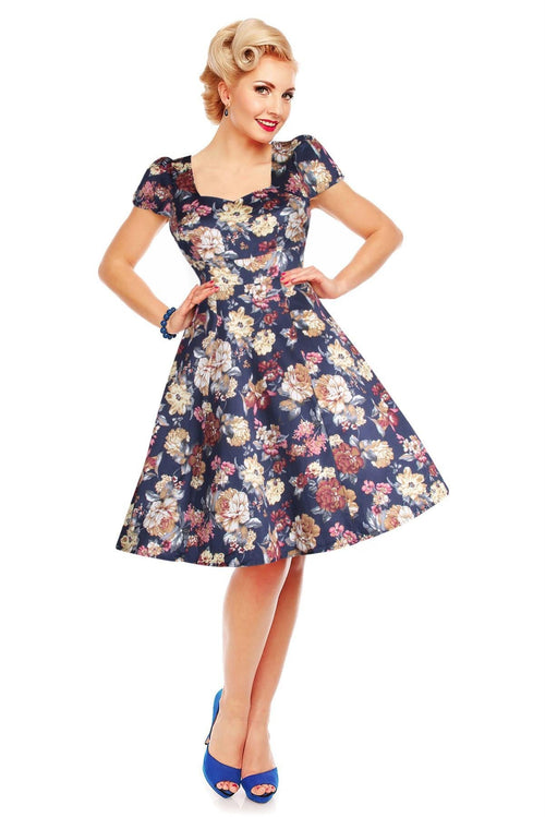Claudia Flirty Fifties Swing Floral Dress in Blue
