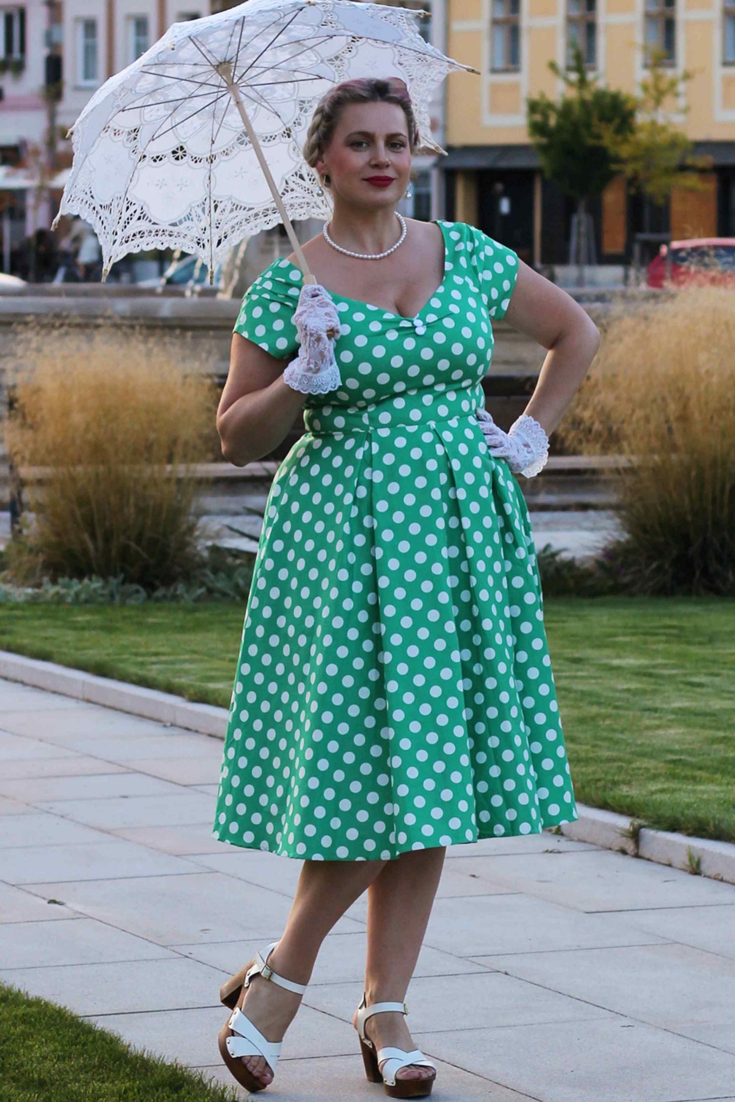 Lily Green Polka Dot Off Shoulder Dress