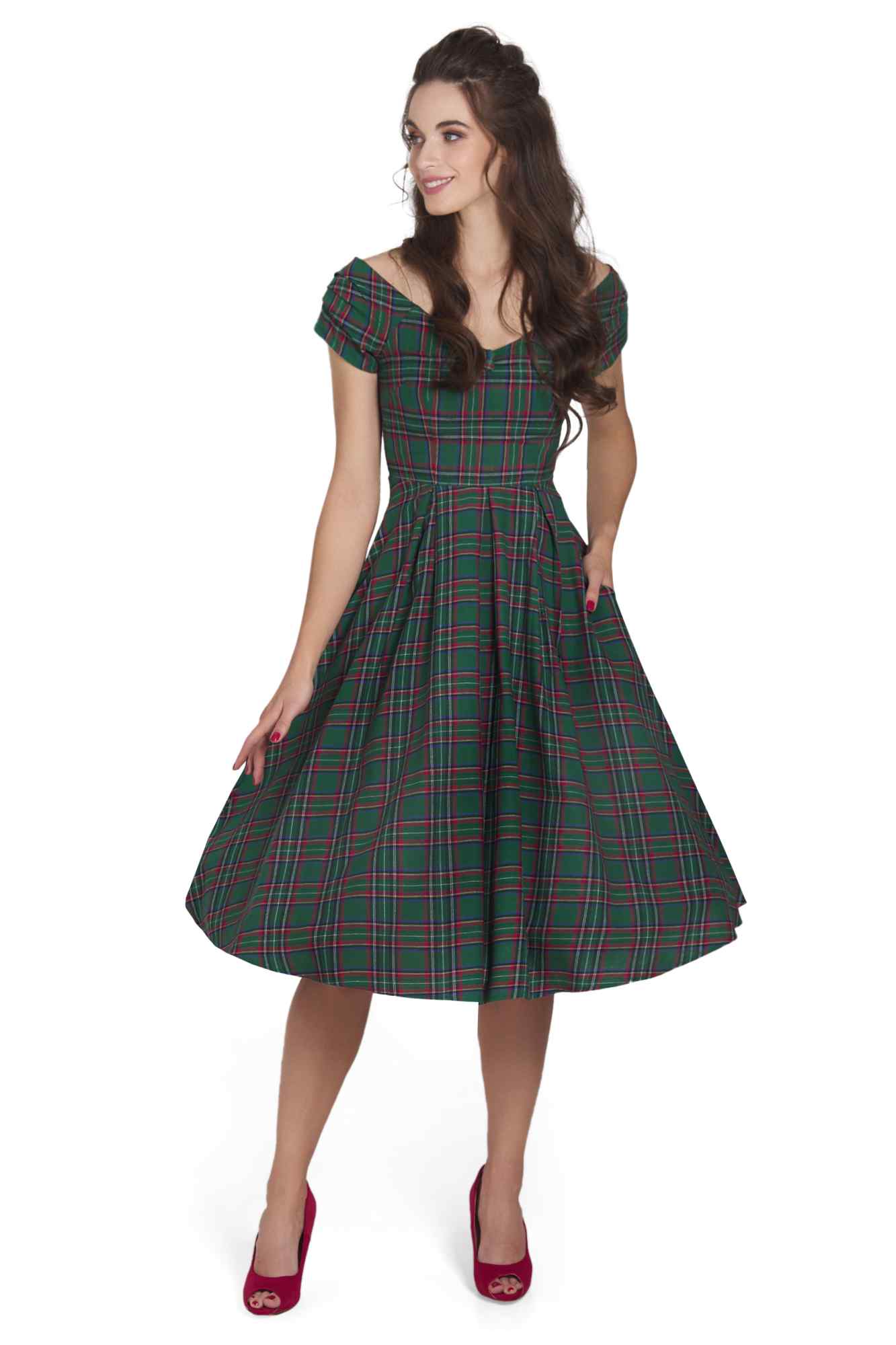 Lily Green Tartan Off Shoulder Swing Dress