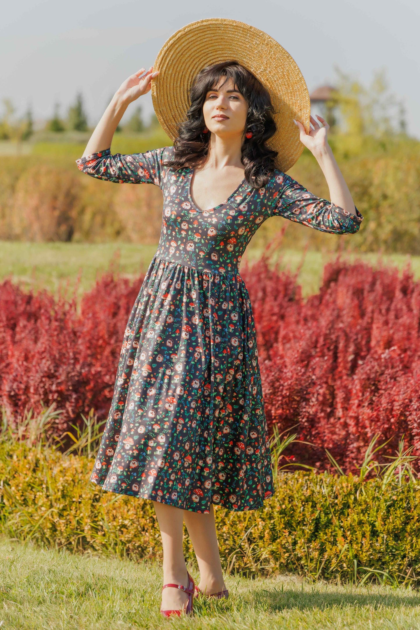 Billie Black Hedgehog & Mushroom Print Dress