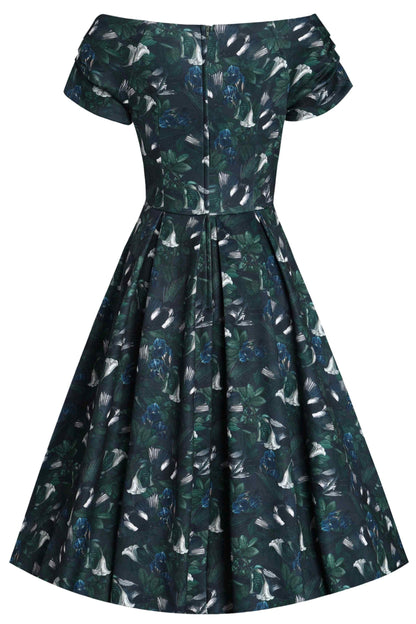 Lily Dark Green Off Shoulder Dress In Magpie Print