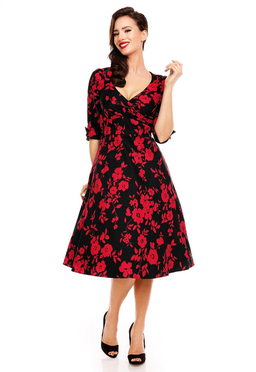 Katherine Long Sleeve 50's Style Swing Dress in Black-Red Floral