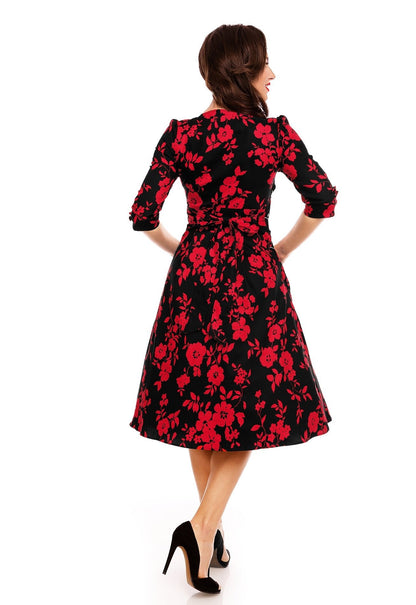 Katherine Long Sleeve 50's Style Swing Dress in Black-Red Floral