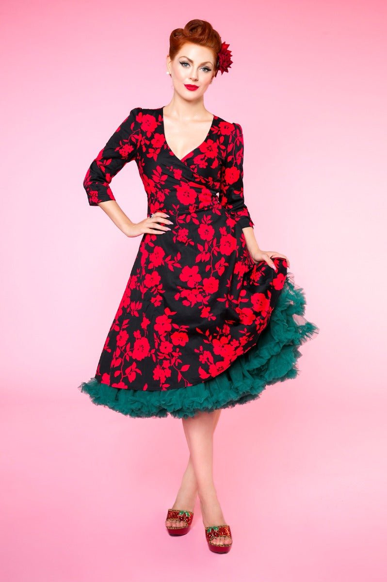 Katherine Long Sleeve 50's Style Swing Dress in Black-Red Floral