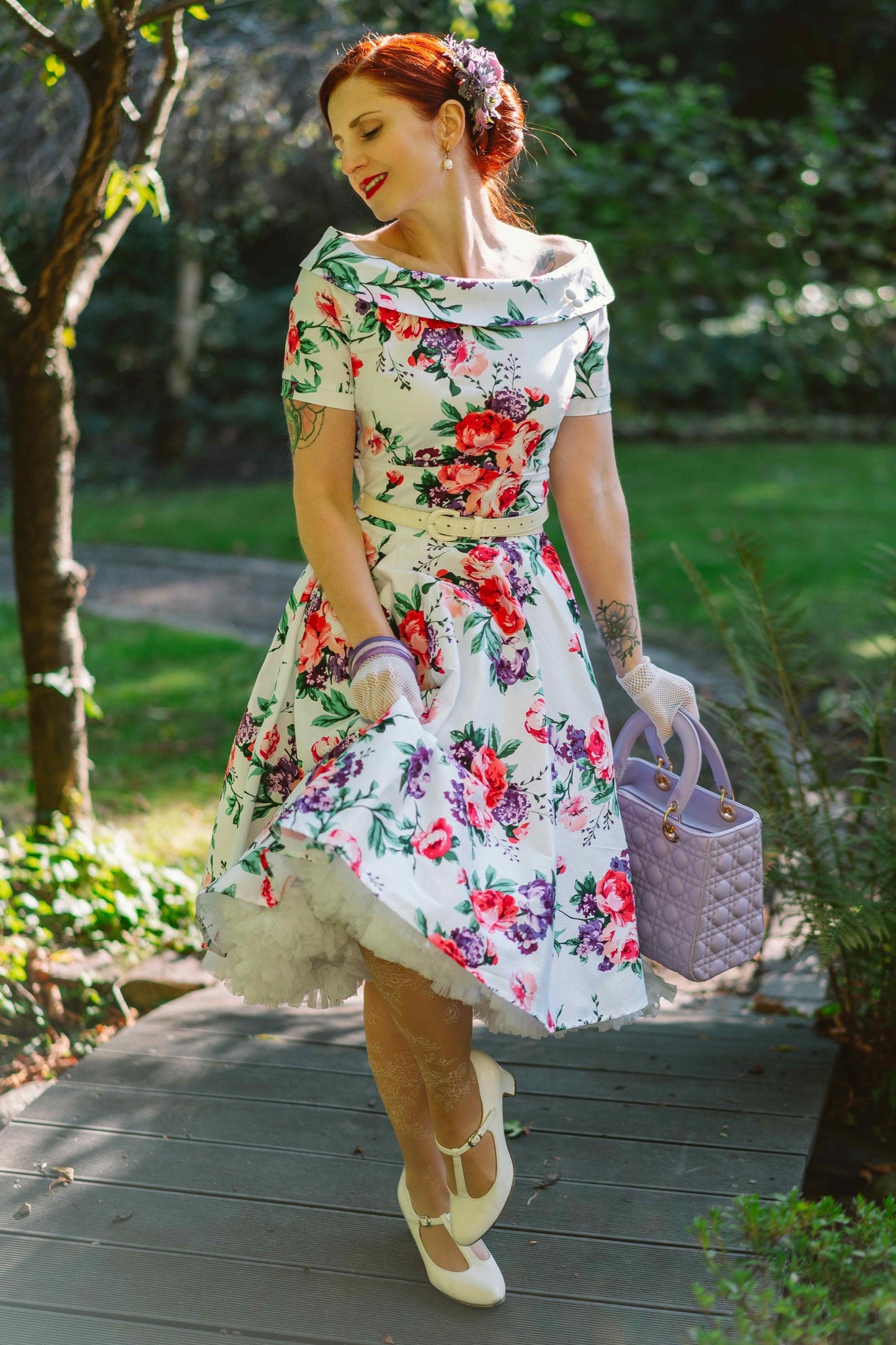 Darlene Retro Floral  Swing Dress in White