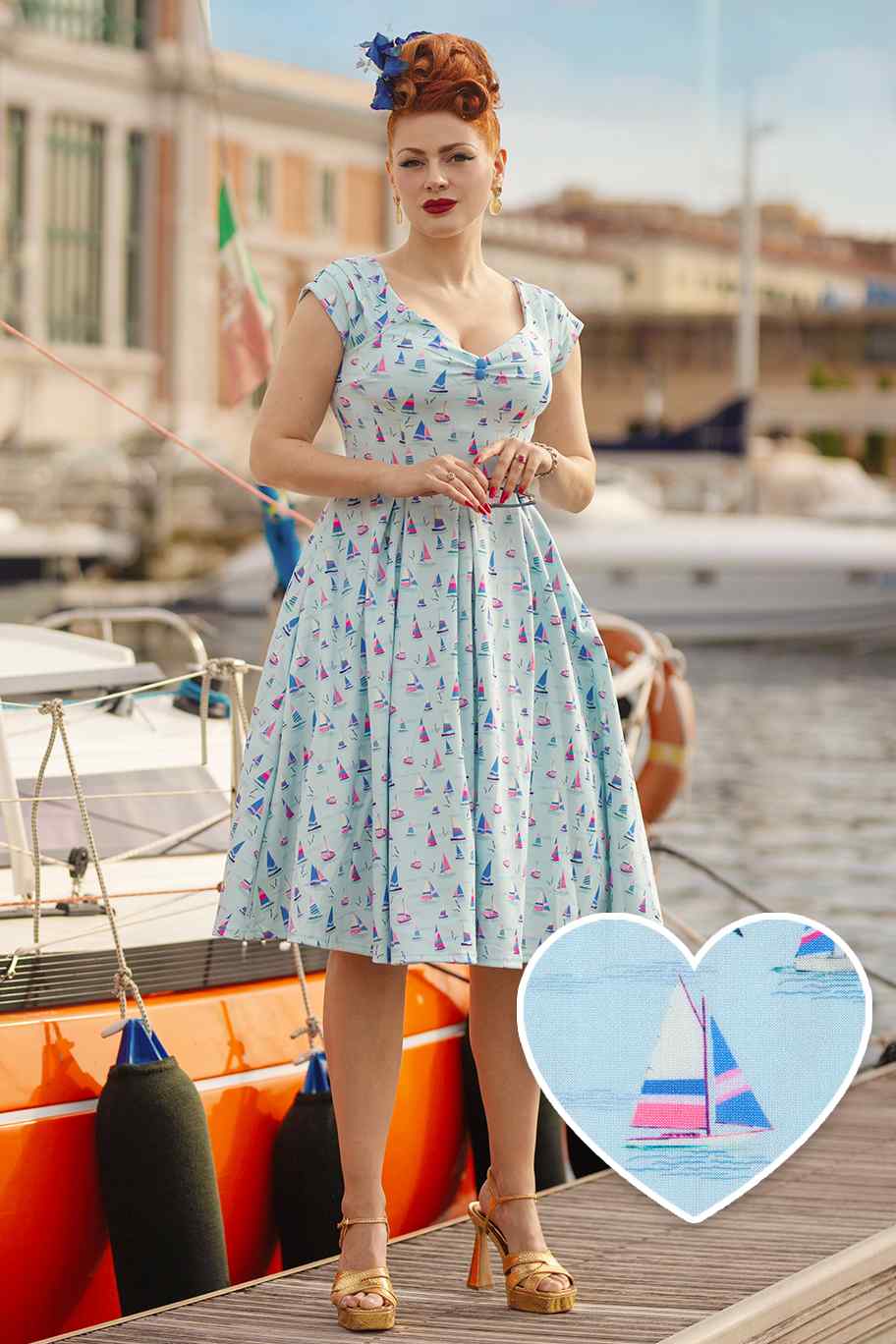 Lily Nautical Sailboat Blue Off Shoulder Dress