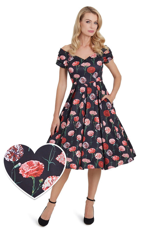 Lily Off Shoulder Peony Swing Dress in Black