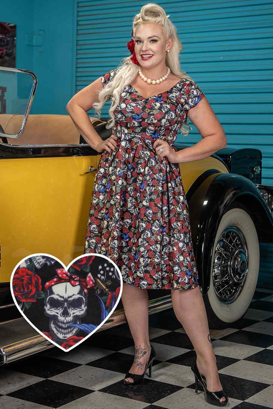 Lily Off Shoulder 50s Rockabilly Skull Dress