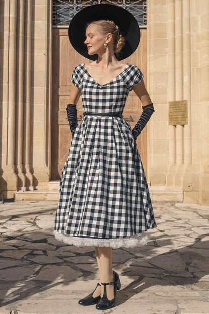 Lily Off Shoulder Black Gingham Check Circle Dress
