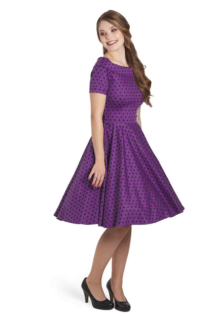 Darlene Retro Polka Dot Swing Dress in Purple