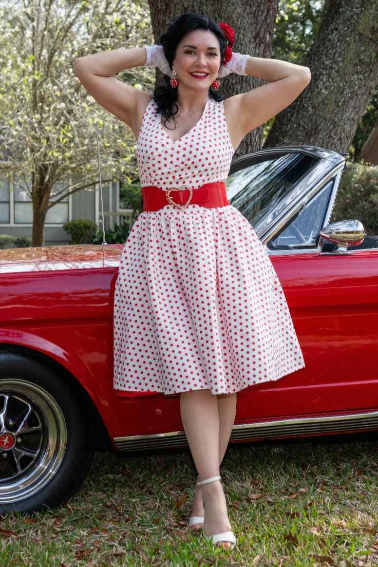 May V Neck White and Red Polka Dot Dress