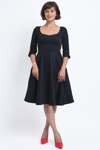 Debra Sweetheart Neckline Long Sleeves Stretchy Tea Dress Black