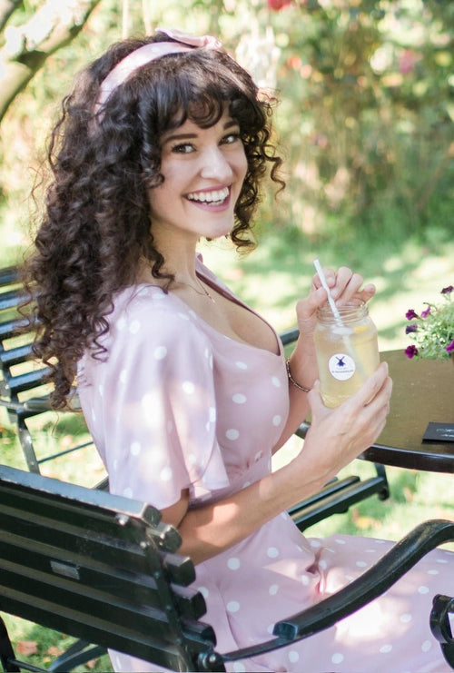 Janice V-Neck Sleeved Tea Dress in Pink Polka Dot Print