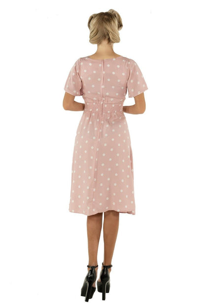 Janice V-Neck Sleeved Tea Dress in Pink Polka Dot Print