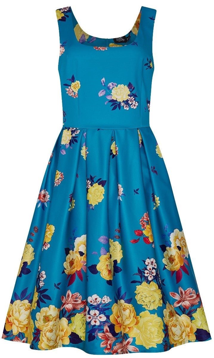 Gorgeous Amanda 50s Inspired Blue Swing Dress with Raising Yellow Flowers