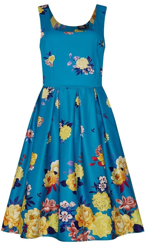 Gorgeous Amanda 50s Inspired Blue Swing Dress with Raising Yellow Flowers