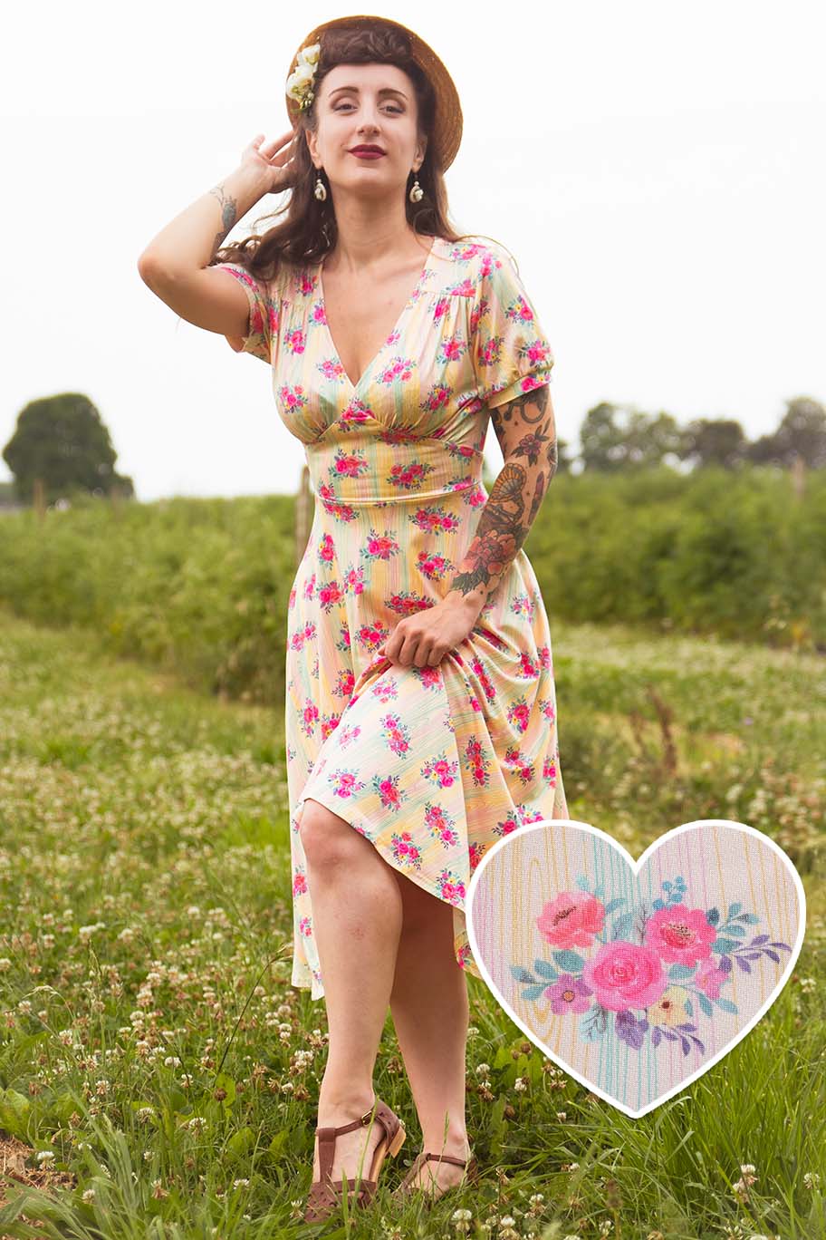 Julia Vintage Pastel Floral Midi Dress