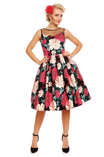 Elizabeth Vintage Style Floral Party Dress in Black/Pink