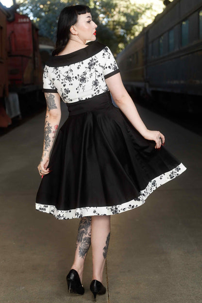 Darlene White & Black Floral Roll Collar Dress
