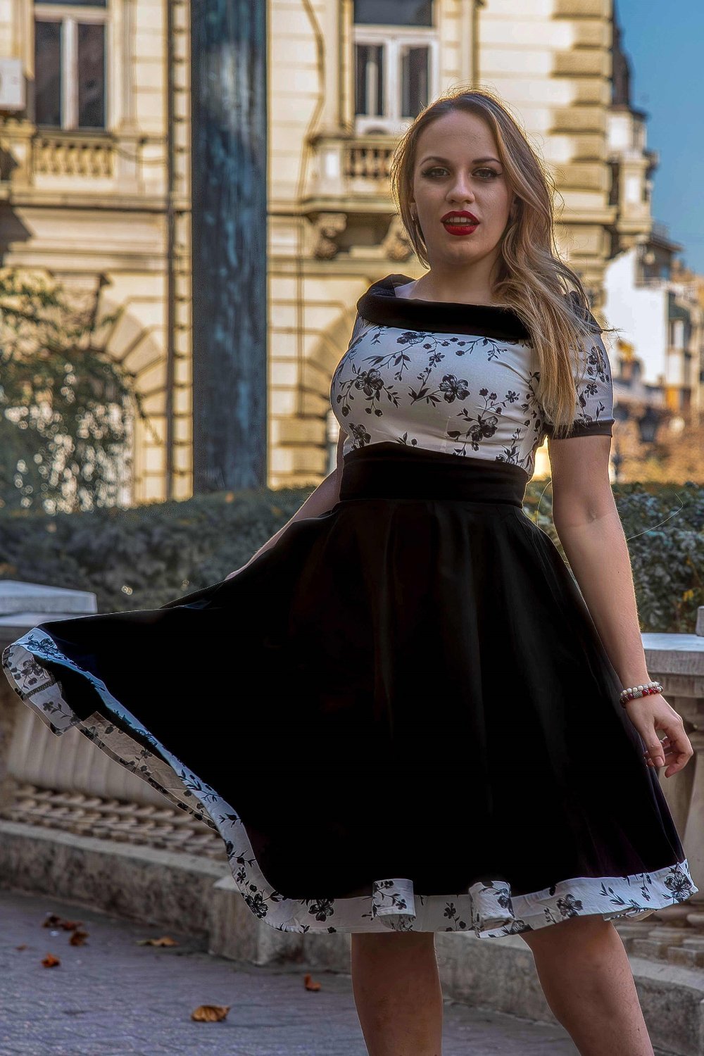 Darlene White & Black Floral Roll Collar Dress