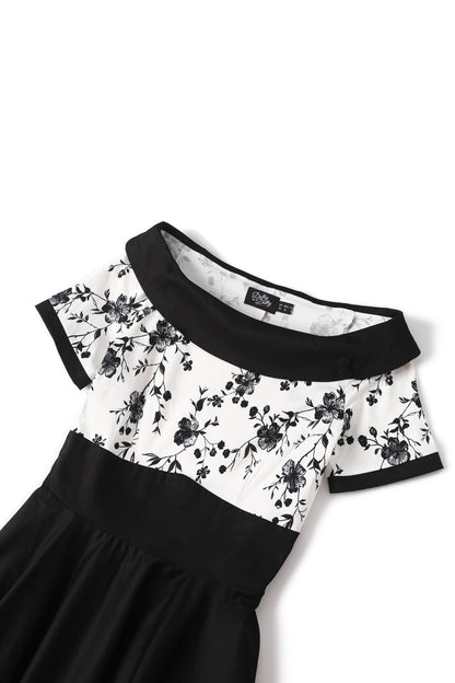 Darlene White & Black Floral Roll Collar Dress