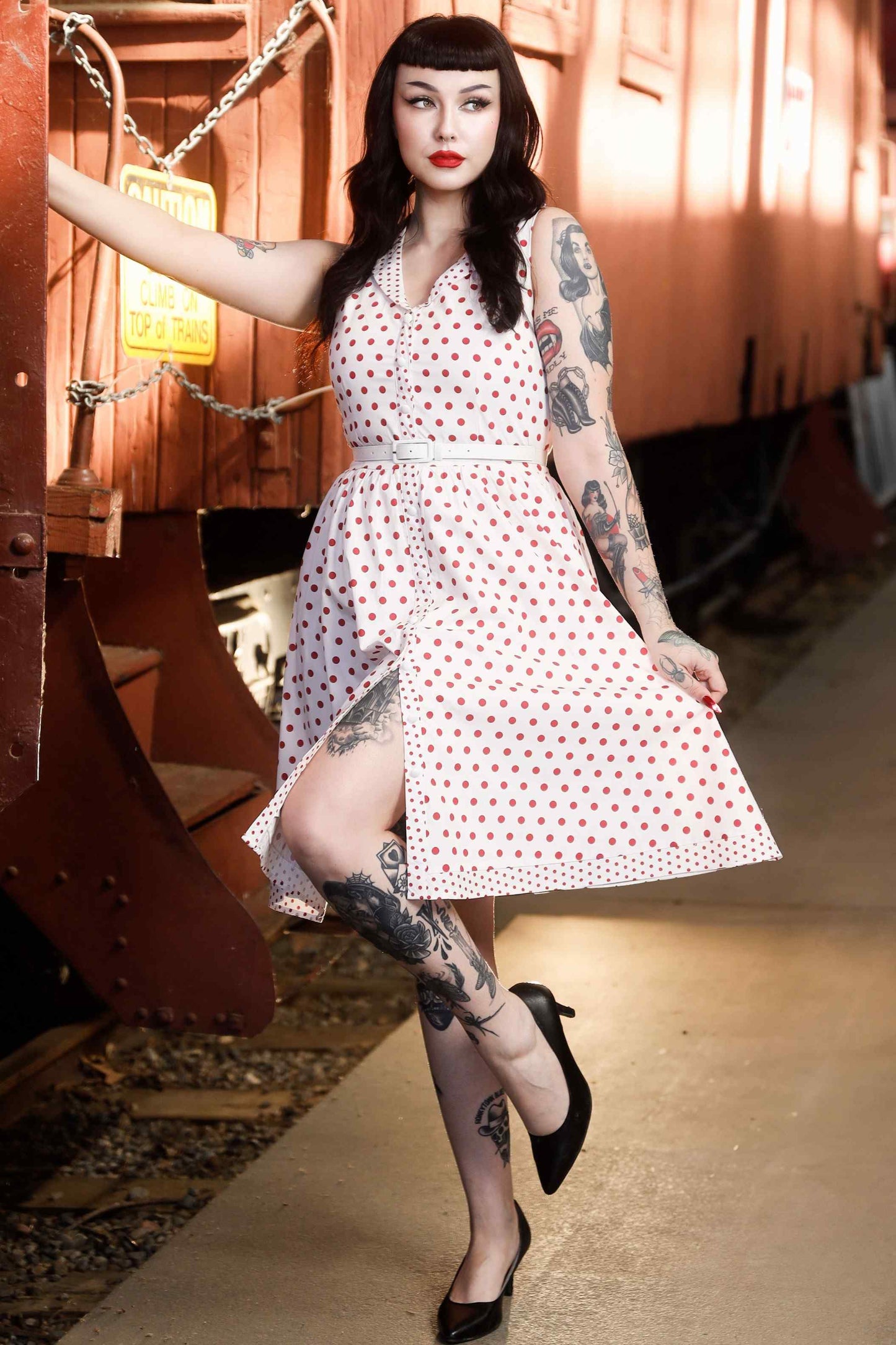 Maverick White Red Polka Dot Shirt Dress