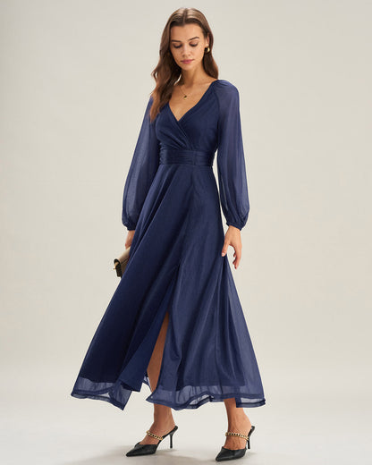 Blue V Neck A-Line Maxi Dress