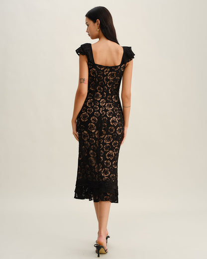 Black Textured Ruffle Mermaid Midi Dress