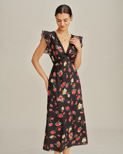 Black V Neck Butterfly Sleeve Floral Midi Dress