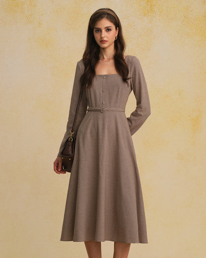 Brown Gingham Square Neck Belted Maxi Dress