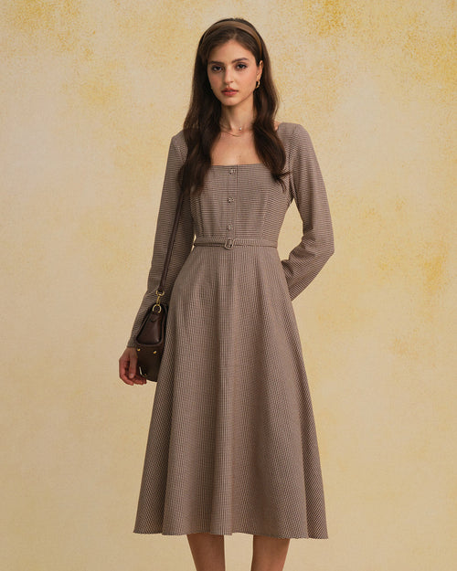 Brown Gingham Square Neck Belted Maxi Dress