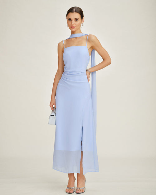 Blue Cowl Neck Strap Chiffon Maxi Dress