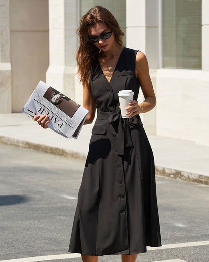 Black V Neck Belted Sleeveless Midi Dress