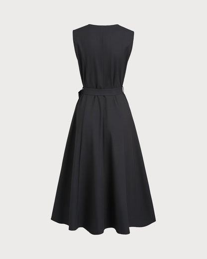 Black V Neck Belted Sleeveless Midi Dress