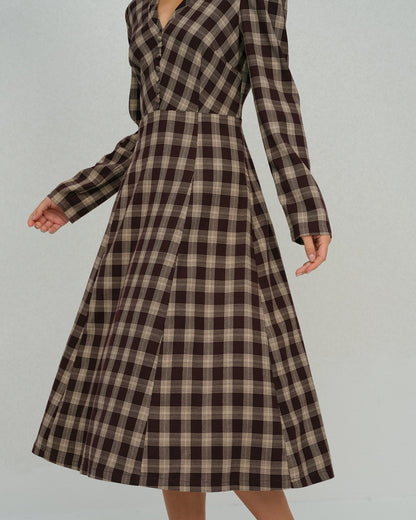 Brown Floral V Neck Midi Dress