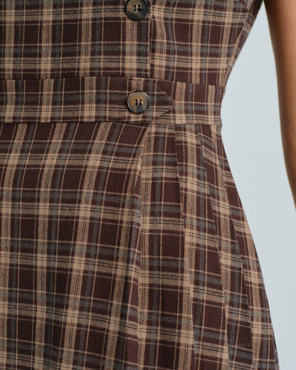 Brown Sleeveless Plaid Mini Dress