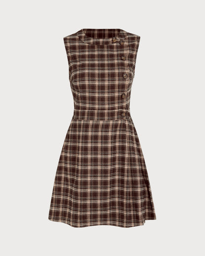 Brown Sleeveless Plaid Mini Dress