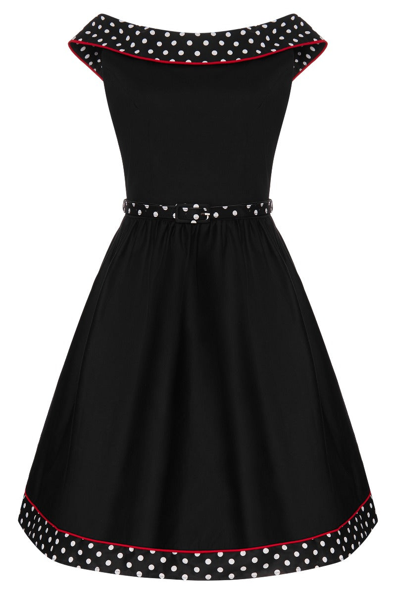 Cindy Retro Dress in Black Polka and Red Piping