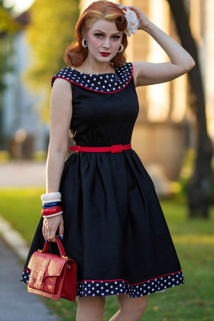 Cindy Retro Dress in Black Polka and Red Piping